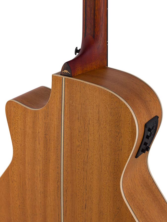 auditorium guitar with solid top, mahogany back & sides, cutaway with EQ, amara ebony fb, natural