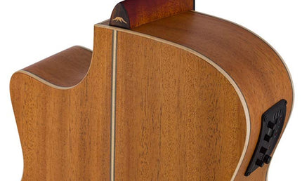 auditorium guitar with solid top, mahogany back & sides, cutaway with EQ, amara ebony fb, natural