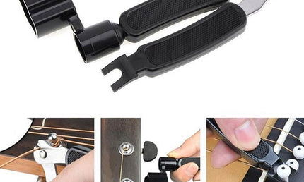 string winder with string clipper and bridge pin remover