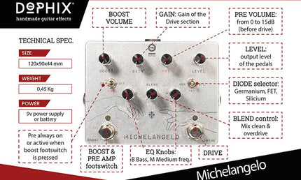 MICHELANGELO overdrive plus, handbuilt analog effects pedal, w/ boost, blend and clipping selector