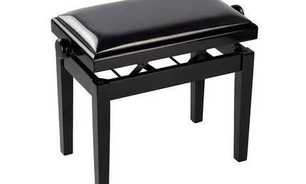 piano bench Deluxe with adjustable seat, glossy black with black vinyl seat