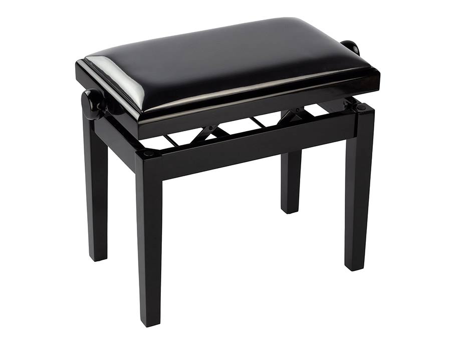 piano bench Deluxe with adjustable seat, glossy black with black vinyl seat