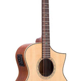 Hillside auditorium guitar with solid spruce top, mahogany b&s, cutaway+EQ, amara ebony fb, natural