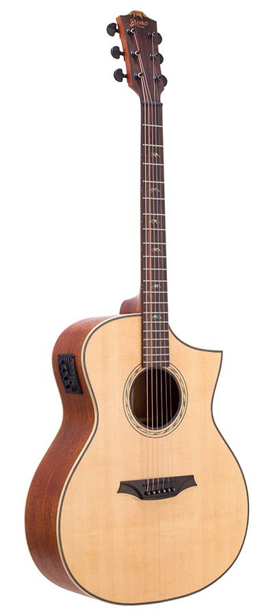 Hillside auditorium guitar with solid spruce top, mahogany b&s, cutaway+EQ, amara ebony fb, natural
