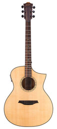 Hillside auditorium guitar with solid spruce top, mahogany b&s, cutaway+EQ, amara ebony fb, natural
