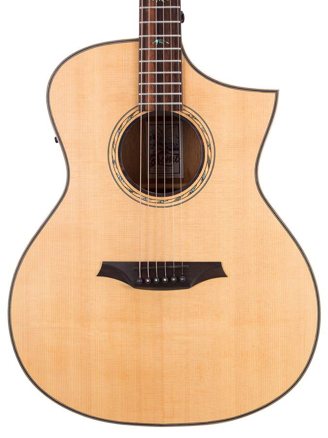 Hillside auditorium guitar with solid spruce top, mahogany b&s, cutaway+EQ, amara ebony fb, natural