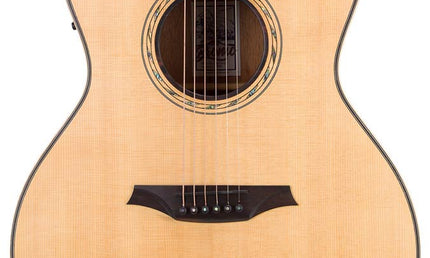 Hillside auditorium guitar with solid spruce top, mahogany b&s, cutaway+EQ, amara ebony fb, natural