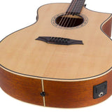 Hillside auditorium guitar with solid spruce top, mahogany b&s, cutaway+EQ, amara ebony fb, natural
