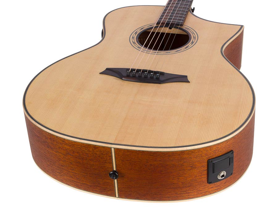 Hillside auditorium guitar with solid spruce top, mahogany b&s, cutaway+EQ, amara ebony fb, natural