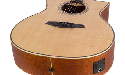 Hillside auditorium guitar with solid spruce top, mahogany b&s, cutaway+EQ, amara ebony fb, natural