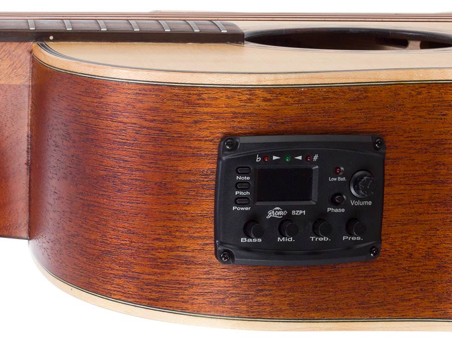 Hillside auditorium guitar with solid spruce top, mahogany b&s, cutaway+EQ, amara ebony fb, natural