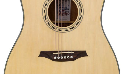dreadnought guitar, spruce top, mahogany back & sides, amara ebony fb, natural