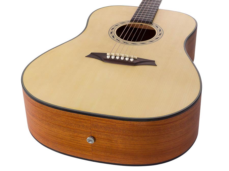dreadnought guitar, spruce top, mahogany back & sides, amara ebony fb, natural
