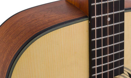 dreadnought guitar, spruce top, mahogany back & sides, amara ebony fb, natural