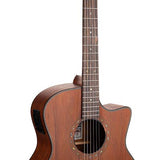 auditorium guitar with solid mahogany top, mahogany b&s, cutaway with EQ, amara ebony fb, natural