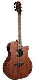 auditorium guitar with solid mahogany top, mahogany b&s, cutaway with EQ, amara ebony fb, natural