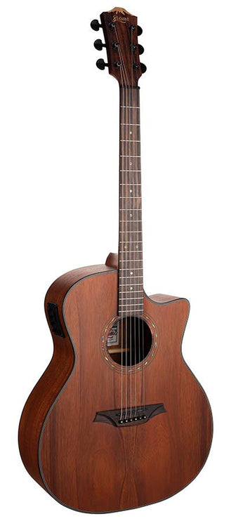 auditorium guitar with solid mahogany top, mahogany b&s, cutaway with EQ, amara ebony fb, natural