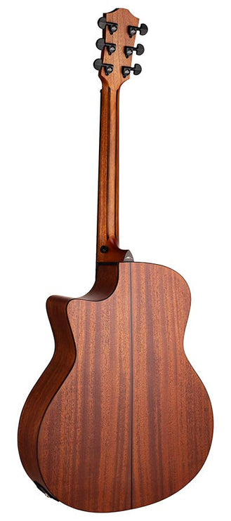 auditorium guitar with solid mahogany top, mahogany b&s, cutaway with EQ, amara ebony fb, natural