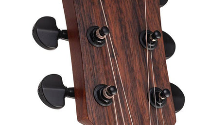 auditorium guitar with solid mahogany top, mahogany b&s, cutaway with EQ, amara ebony fb, natural