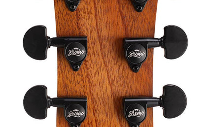 auditorium guitar with solid mahogany top, mahogany b&s, cutaway with EQ, amara ebony fb, natural