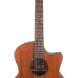 auditorium guitar with solid mahogany top, mahogany b&s, cutaway with EQ, amara ebony fb, natural