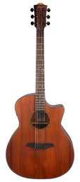 auditorium guitar with solid mahogany top, mahogany b&s, cutaway with EQ, amara ebony fb, natural