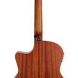 auditorium guitar with solid mahogany top, mahogany b&s, cutaway with EQ, amara ebony fb, natural