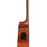 auditorium guitar with solid mahogany top, mahogany b&s, cutaway with EQ, amara ebony fb, natural