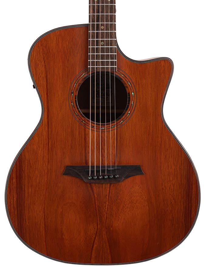 auditorium guitar with solid mahogany top, mahogany b&s, cutaway with EQ, amara ebony fb, natural