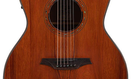 auditorium guitar with solid mahogany top, mahogany b&s, cutaway with EQ, amara ebony fb, natural