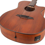 auditorium guitar with solid mahogany top, mahogany b&s, cutaway with EQ, amara ebony fb, natural