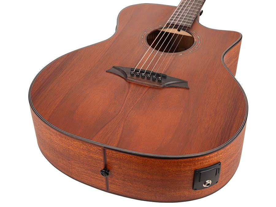 auditorium guitar with solid mahogany top, mahogany b&s, cutaway with EQ, amara ebony fb, natural