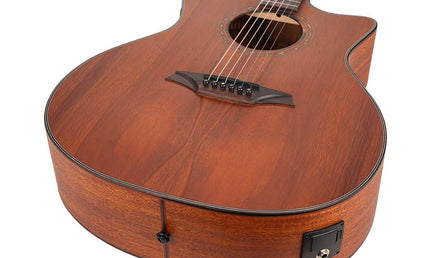 auditorium guitar with solid mahogany top, mahogany b&s, cutaway with EQ, amara ebony fb, natural