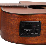 auditorium guitar with solid mahogany top, mahogany b&s, cutaway with EQ, amara ebony fb, natural