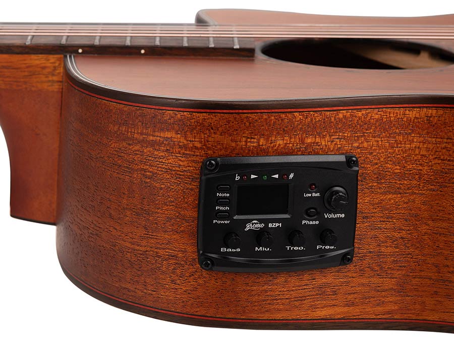 auditorium guitar with solid mahogany top, mahogany b&s, cutaway with EQ, amara ebony fb, natural