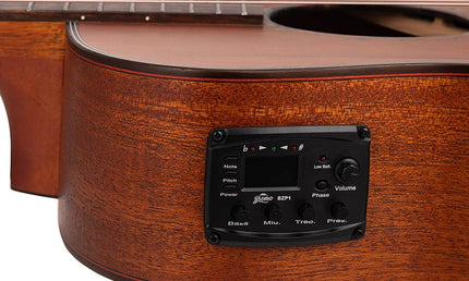 auditorium guitar with solid mahogany top, mahogany b&s, cutaway with EQ, amara ebony fb, natural