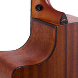 auditorium guitar with solid mahogany top, mahogany b&s, cutaway with EQ, amara ebony fb, natural