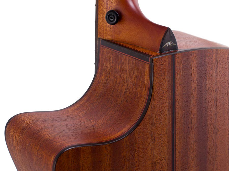 auditorium guitar with solid mahogany top, mahogany b&s, cutaway with EQ, amara ebony fb, natural