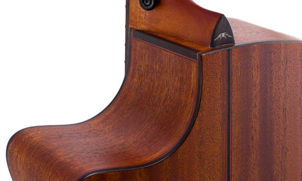 auditorium guitar with solid mahogany top, mahogany b&s, cutaway with EQ, amara ebony fb, natural