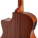 auditorium guitar with solid mahogany top, mahogany b&s, cutaway with EQ, amara ebony fb, natural