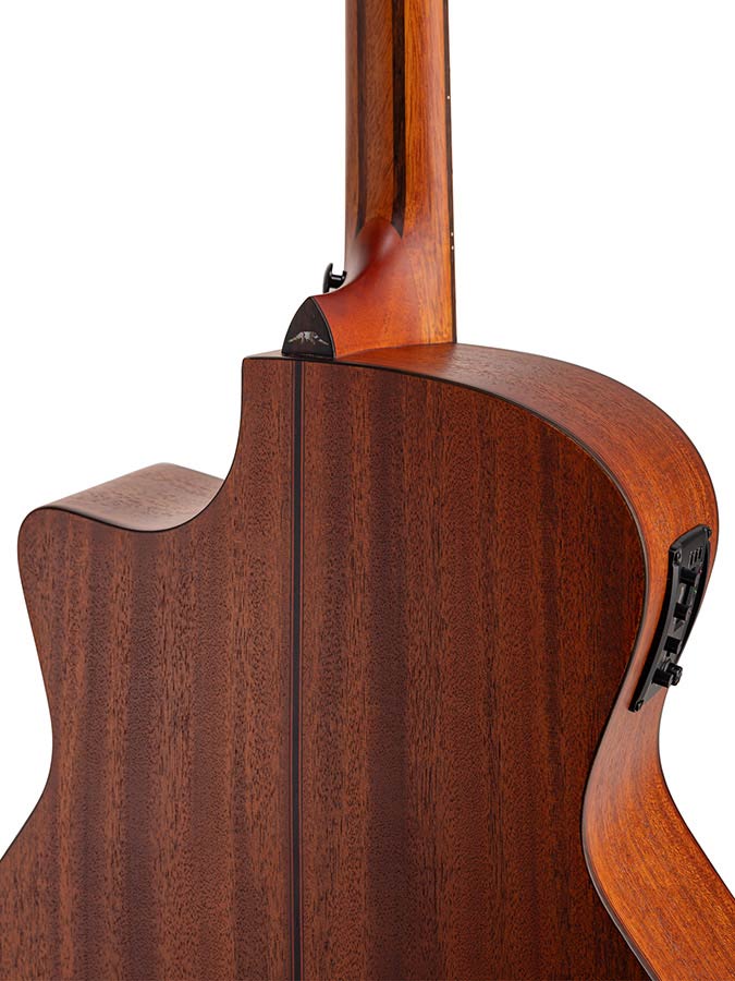 auditorium guitar with solid mahogany top, mahogany b&s, cutaway with EQ, amara ebony fb, natural