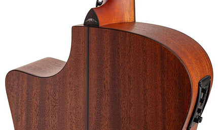 auditorium guitar with solid mahogany top, mahogany b&s, cutaway with EQ, amara ebony fb, natural