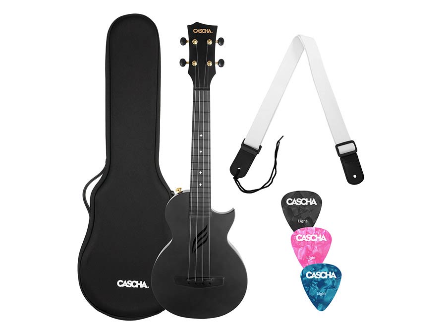 carbon fiber concert ukelele with softcase, strap and 3 picks, black