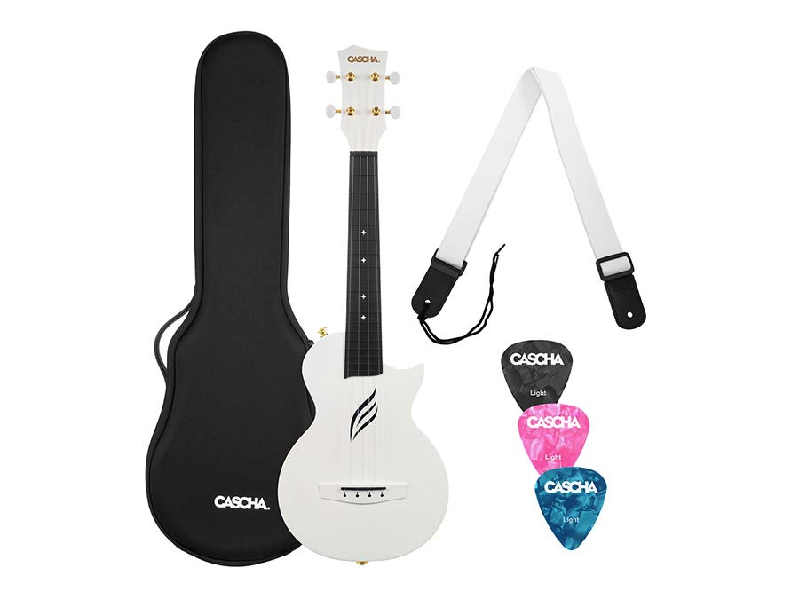 carbon fiber concert ukelele with softcase, strap and 3 picks, white