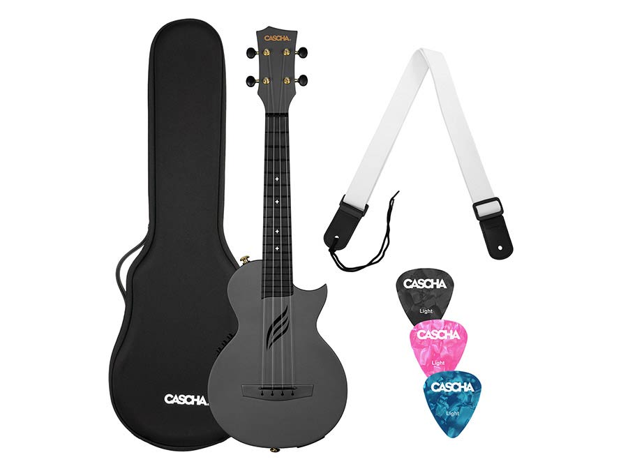 carbon fiber concert ukelele with pickup system, softcase, strap and 3 picks, black