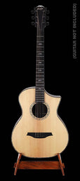 solid Trembesi wooden guitar stand with cork supports (small logo at back of the stand)