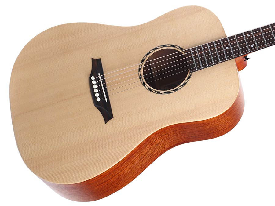 dreadnought guitar with solid spruce top, mahogany b&s, amara ebony fb, natural - plastic free