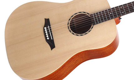 dreadnought guitar with solid spruce top, mahogany b&s, amara ebony fb, natural - plastic free
