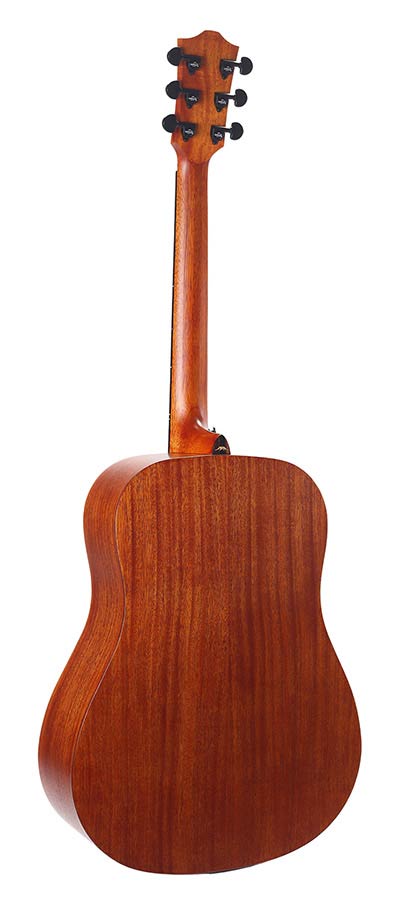 lefthanded dreadnought guitar, solid spruce top, mahogany b&s, amara ebony fb, natural-plastic free