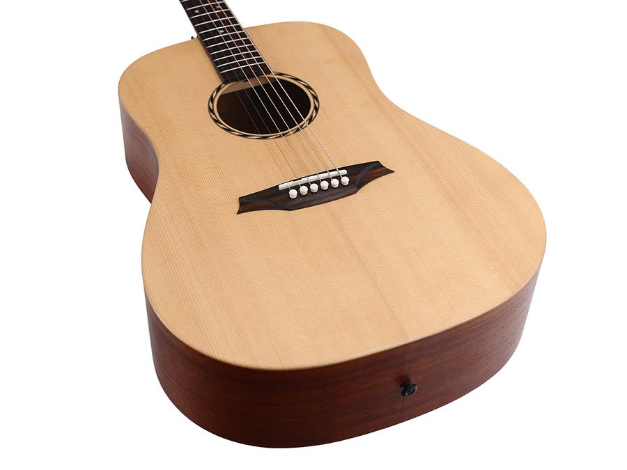 lefthanded dreadnought guitar, solid spruce top, mahogany b&s, amara ebony fb, natural-plastic free